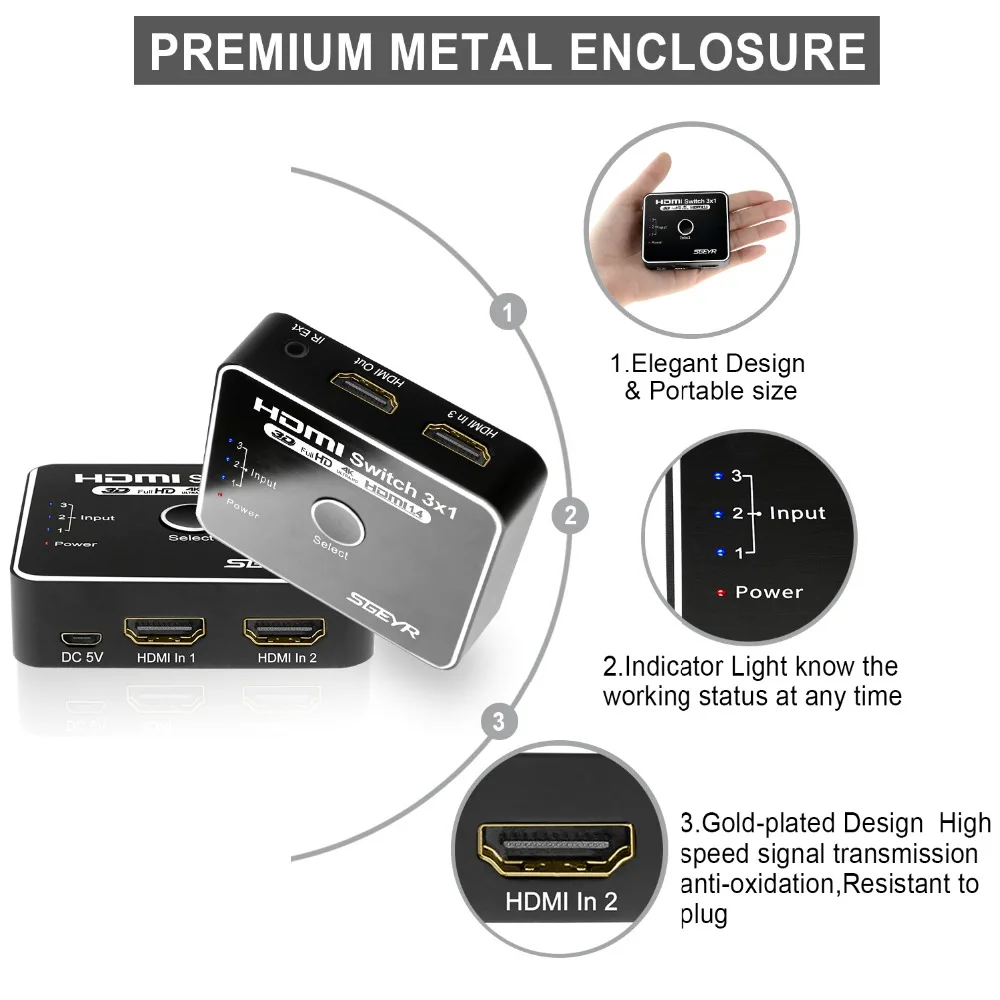 HDMI коммутатор 4K с дистанционным 3 портами 3x1 ручной Коммутатор Концентратор