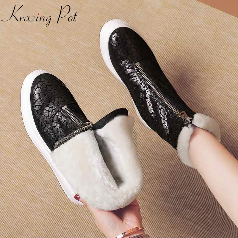 

Krazing Pot flat platform sheep leather round toe keep warm wool snow boots keep warm luxury zipper Winter mid-calf boots L2f1