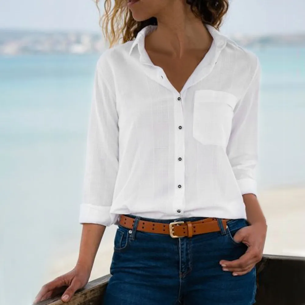 

Women camiseta mujer Pure Color Button Pockets Long Sleeve Loose Plus Size Top great for daily wear T-shirt #20 Dropshipping