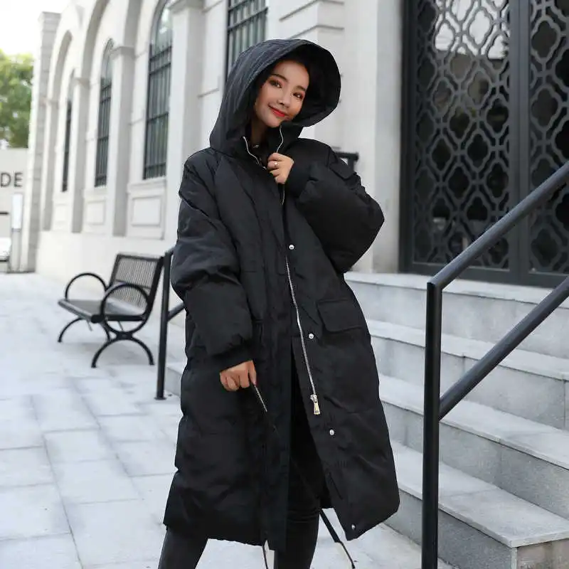 Женская пуховая куртка с капюшоном, длинная хлопковая парка, теплое зимнее пальто, курточка мальчикового кроя, C5074 - Цвет: black