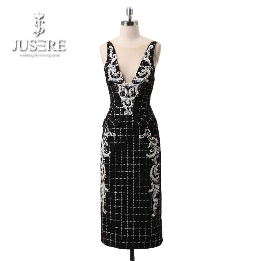 

JUSERE Original Design Sheath Grid Party Gown Cotton Fabric White Appliques Short Evening Dress 2018
