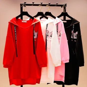 

2019 New Spring Long Sleeve Bat TShirt Women's Rabbit Embroidery Loose Hoodies Student Girls Shirt Tops with Hooded