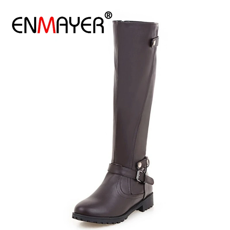 

ENMAYER Knee-high Boots for Women Flats Shoes Woman Riding Boots Flats Shoe Big Size34-43 Winter Boots Buckle Strap Ladies CR675