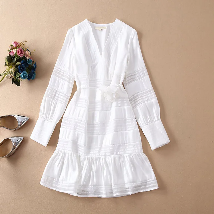 

Women hollow out long sleeve white dress V-neck ruffles hem sexy dresses new 2019 spring summer