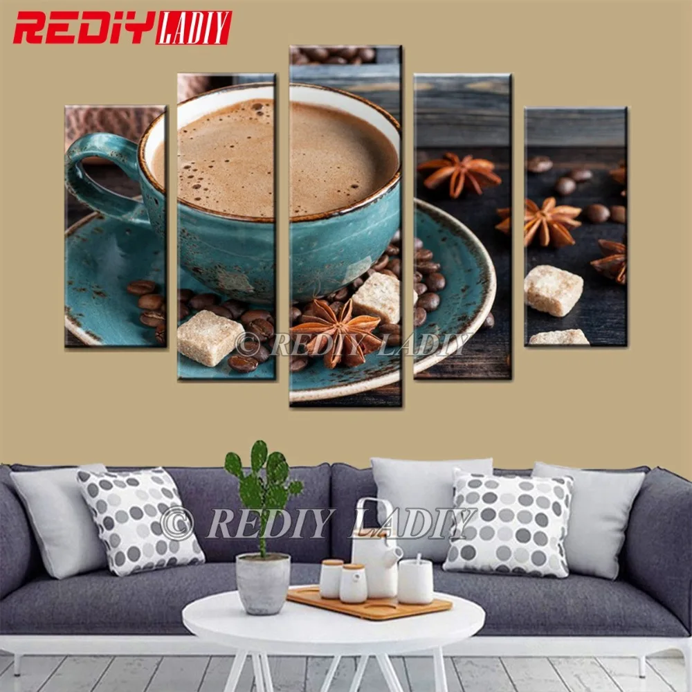 

REDIY LADIY Diamond Embroidery Triptych Diamond Painting Cross Stitch 5 Panels Wall Art Still Life Cafe Mosaic Modular Picture