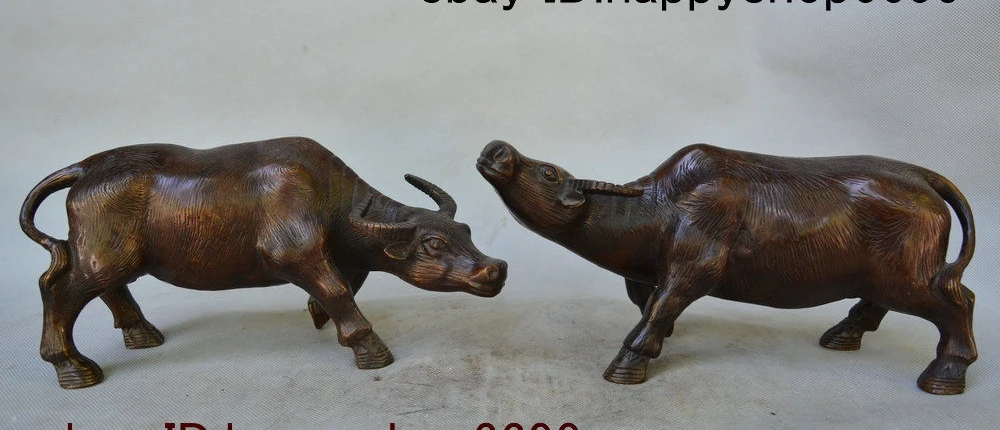 10" Chinese Pure Bronze Feng shui 12 Zodiac Year Animal Ox Bull Oxen Statue Pair