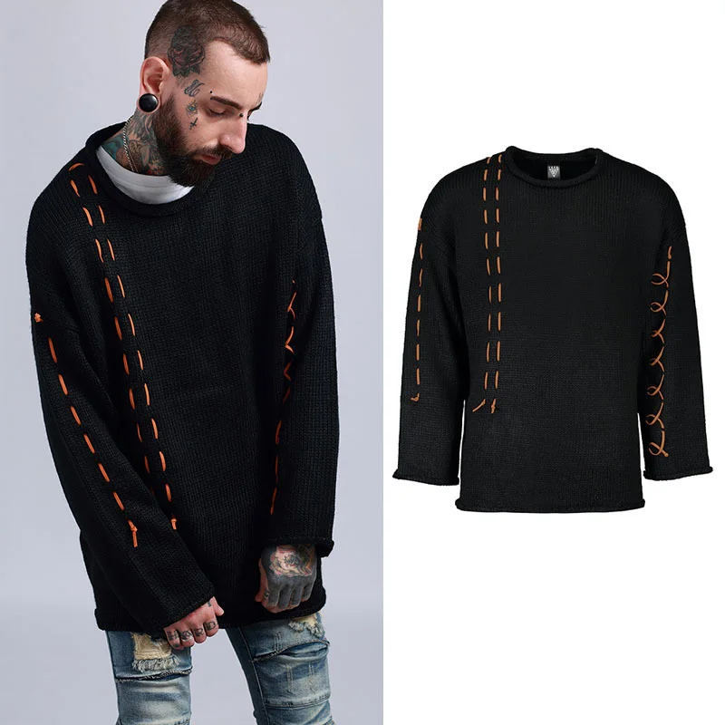 Пуловер Для мужчин свитер хип-хоп свитера мужские черные свободные свитера