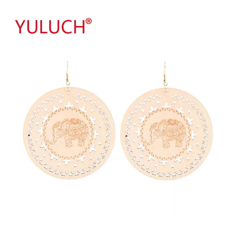 

YULUCH Popular wooden 80mm round art carving distinguished elephant pendant for fashion ethnic women's jewelry party gifts