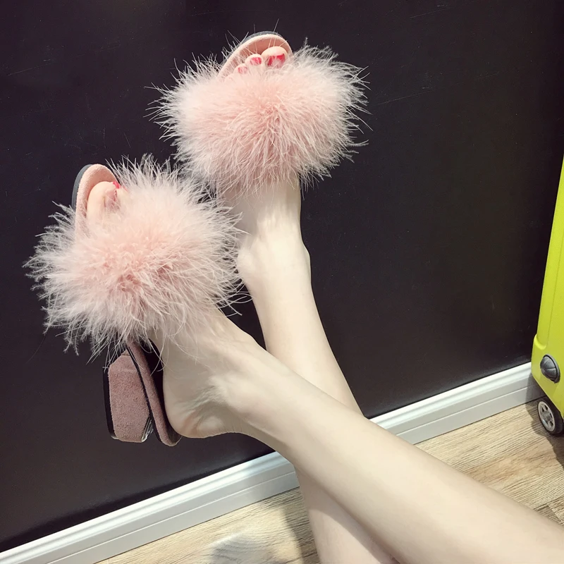 

Furry Feather Thick Bottom Beach Female Sandals Flip Flops Women Home Slippers