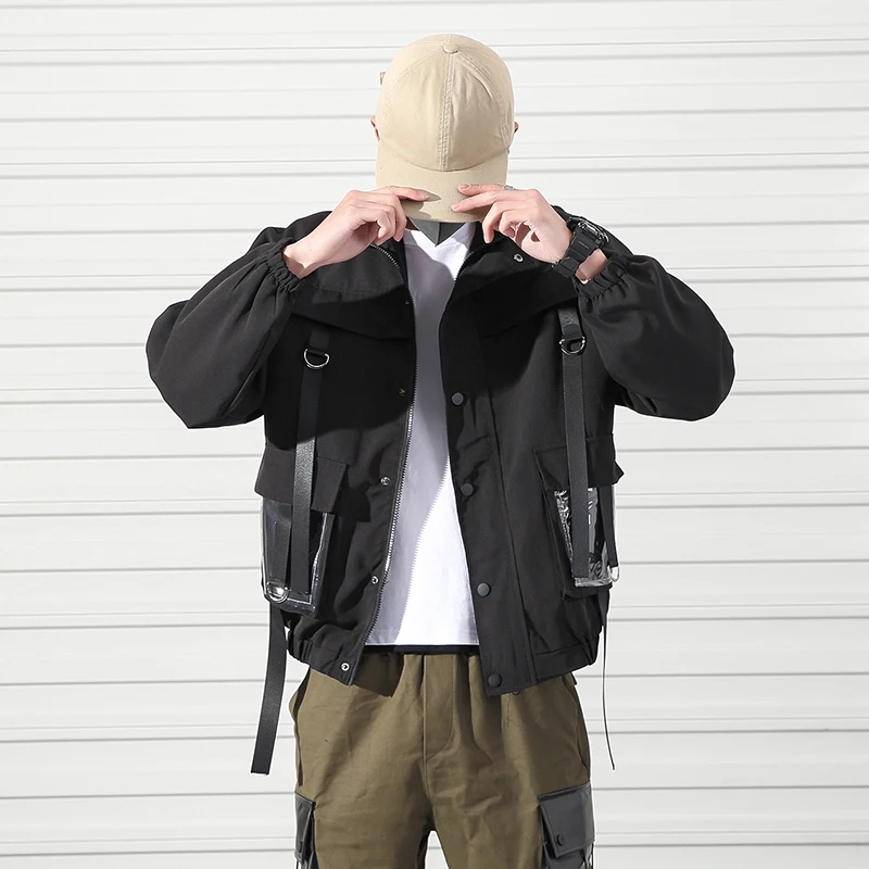 2021 Men Military Jacket Coats Casual Windbreaker Ribbons Pockets Men's Overalls Bomber Jacket Hip Hop Streetwear Man Outwear
