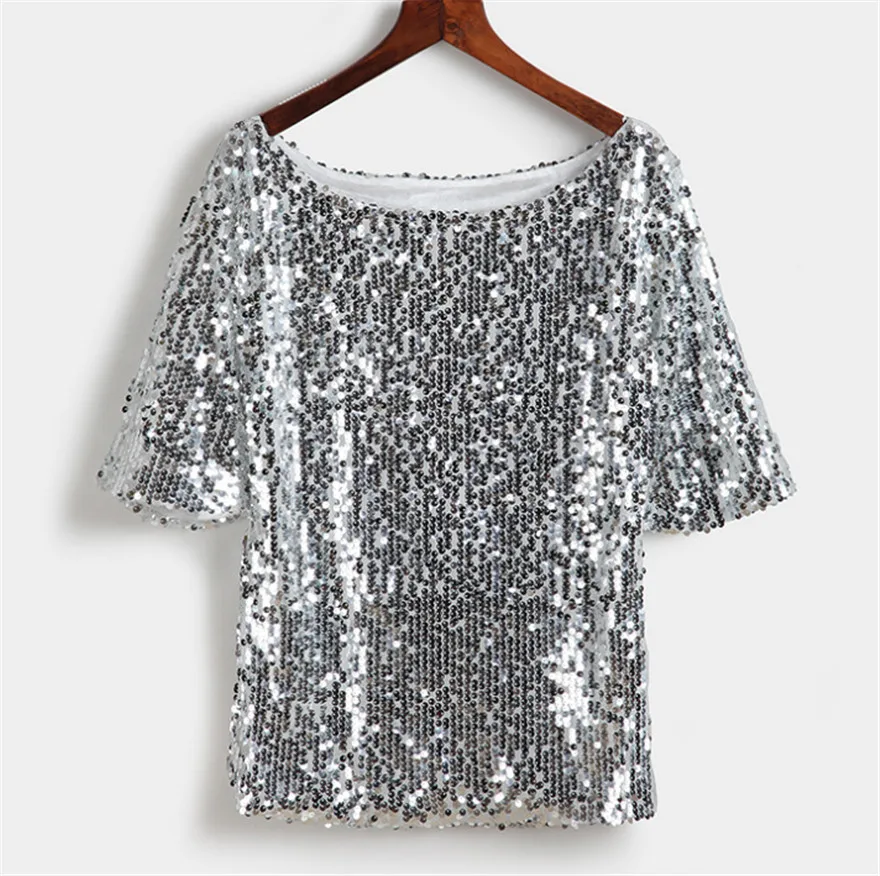 Sexy Top Tee Dames de mode brillant Or Paillettes Relief Paillette