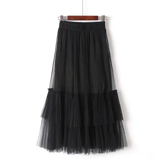 

2018 Spring Newest Trendy Tulle Skirts Women 3 colors Tulle Skirt Sweet Elastic High Waist Pleated Midi Skirt All-match