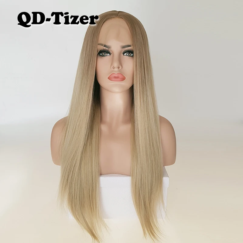 Qd Tizer Blonde Hair Long Silky Straight Ombre Blonde Color Lace
