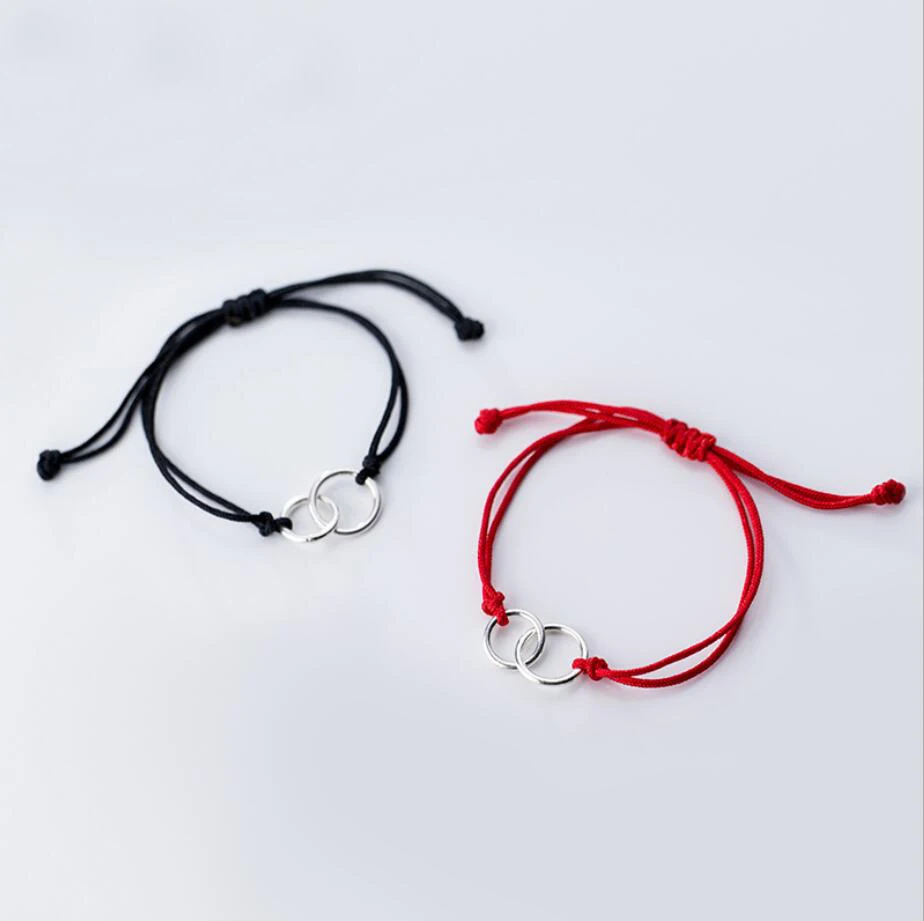 

925 Sterling Silver Circles Friends Family Couple Rope Bracelet Adjustable A2032