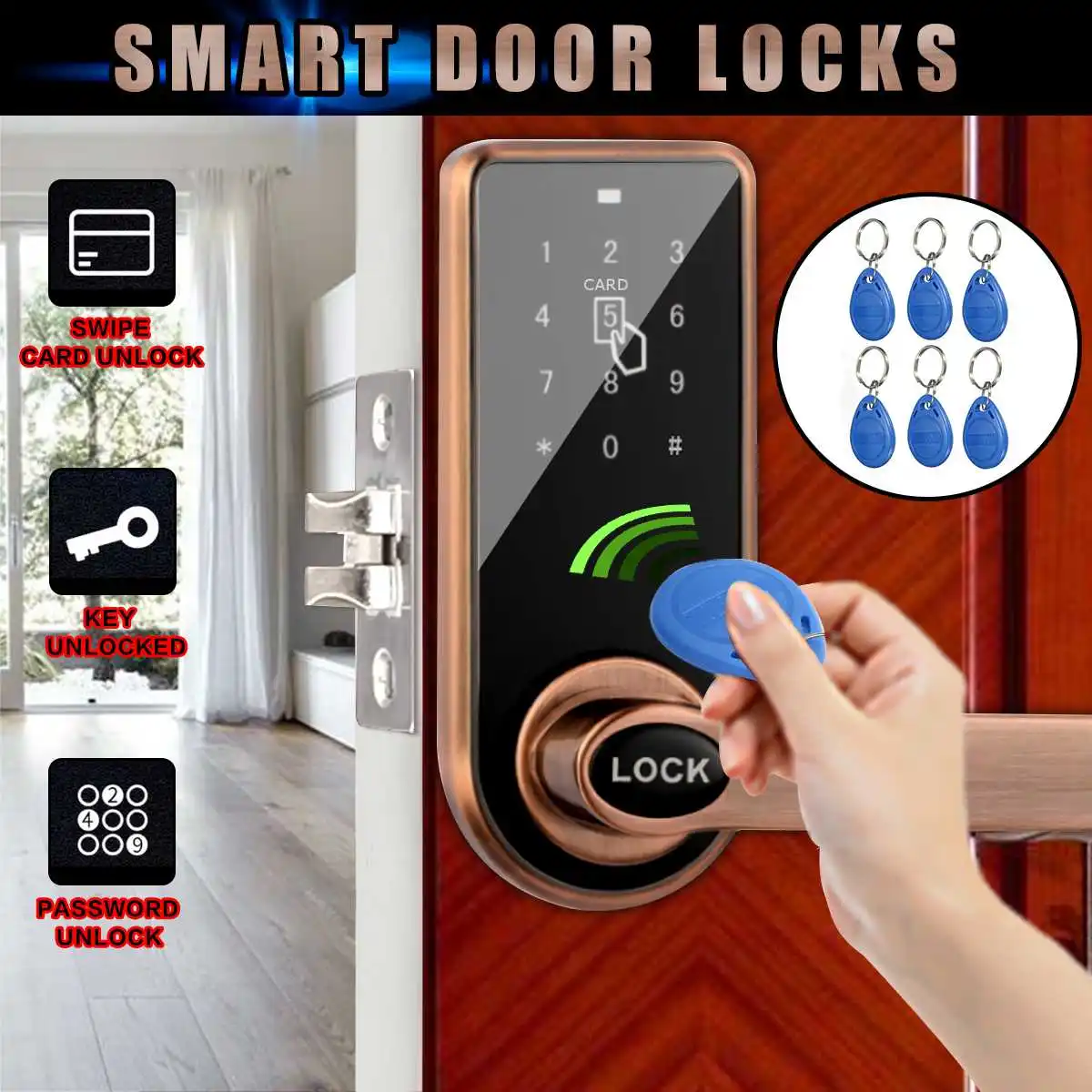 

Electric Digital Keyless Security Entry Door Lock T ouch Screen Password Card Key with 6pcs ID Key Fobs