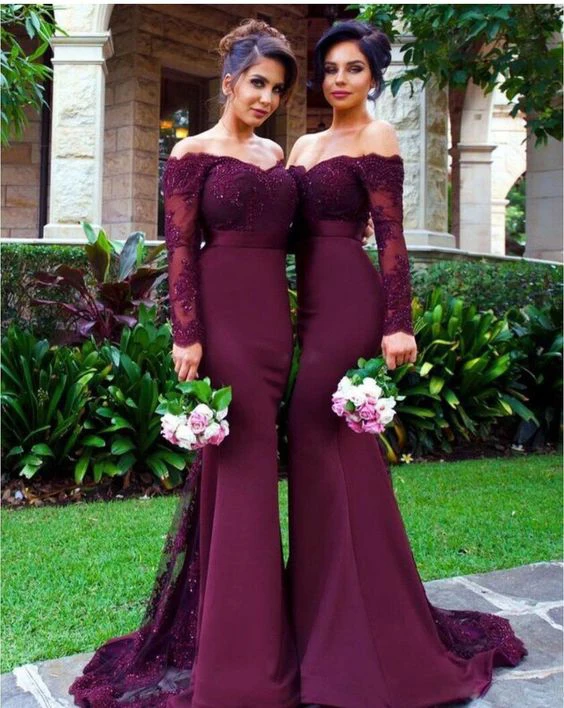 

New Charming Full Sleeve Bridesmaid Dress Long Off Shoulder Beaded Lace Mermaid