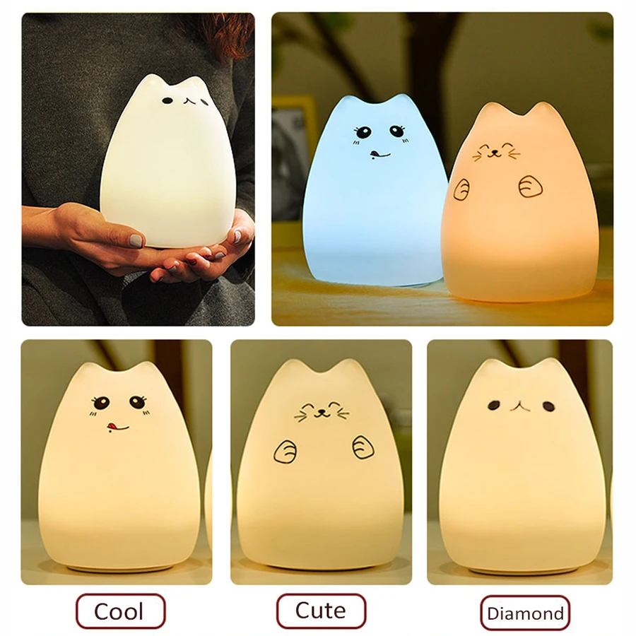 Colorful Cat Silicone LED Night Light Rechargeable Touch Sensor light 2 Modes Children Cute Night L - 32777429046