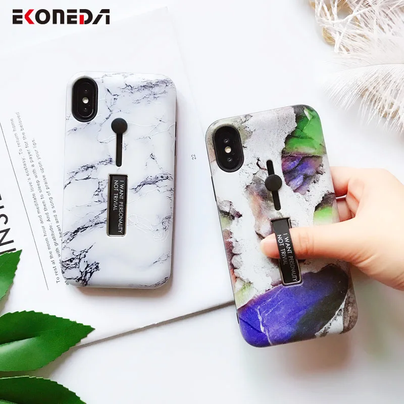 

EKONEDA Relief Marble Stone Case For iPhone XS Max Case Ring Cover Hidden Holder Phone Case For iPhone 7 Plus 6S 8 Plus XR X