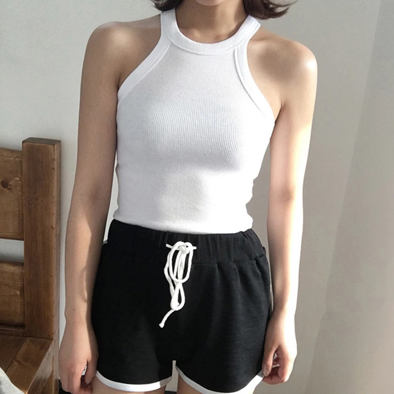 

2019 New Women Summer Sexy Solid Halter Tank Tops Ladies Casual Slim O-Neck Off-Shoulder Tees One Size