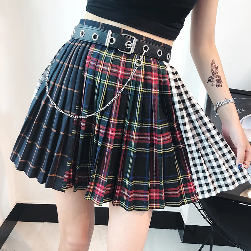 Harajuku Skirts Women Stitched Plaid Pleated Skirt High Waist A Line
