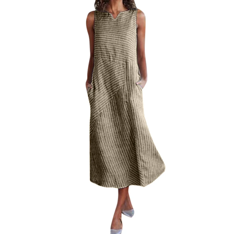 

Women One-pieces Dress V Neck Irregular Striped Sleeveless Splice Dress for Summer KS-shipping