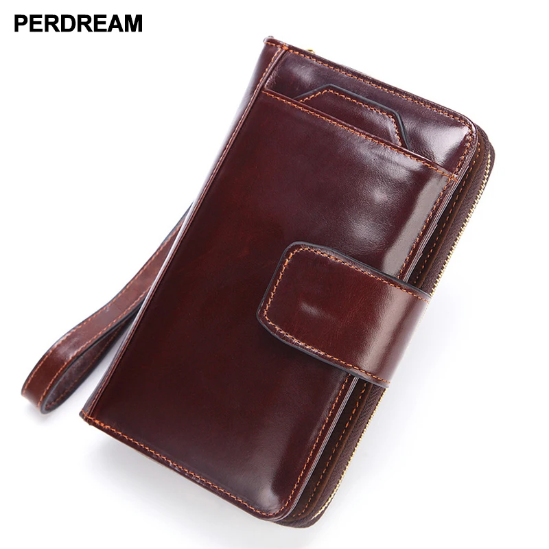 

New leather wallet men's hand zipper bag retro wax leather mobile phone bag 2018 first layer leather