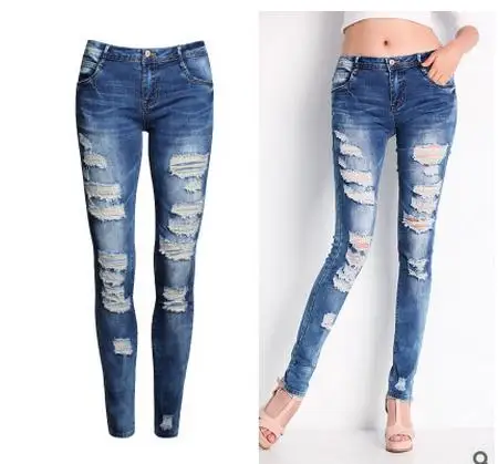 Cheap S/3Xl Womens Spring And Autumn Hole Jeans Pencil Pants Female Cowboy Skinny Elastic Full Lenth Denim Trousers Jeans Pants J1208