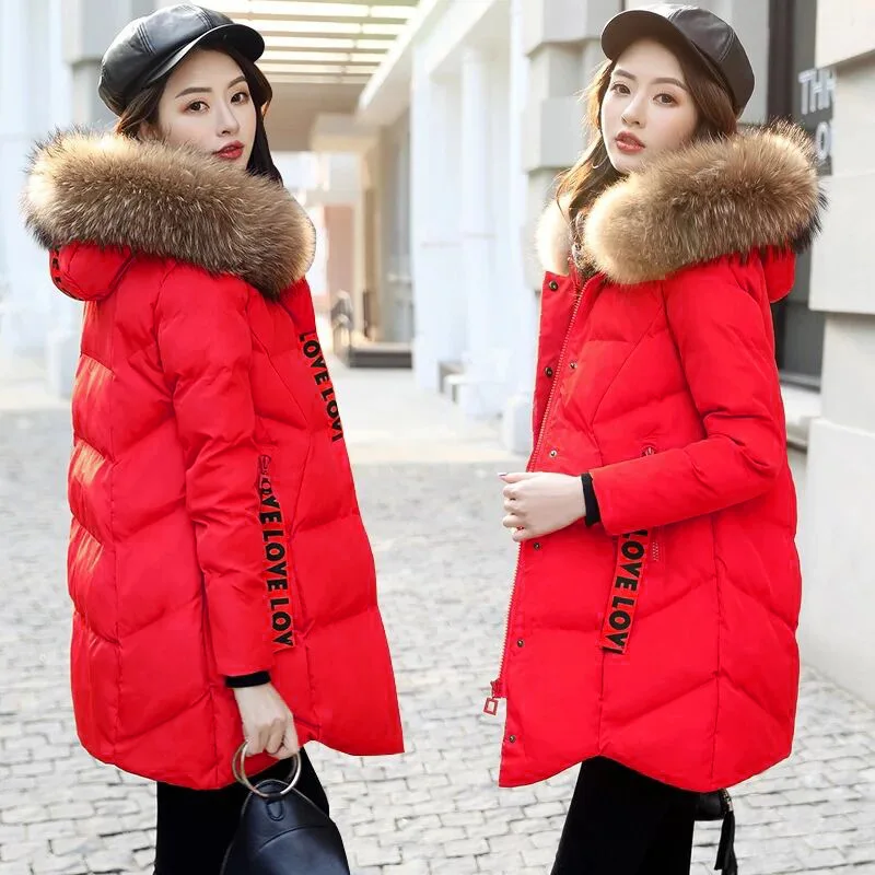 Women's Korean Hooded Faux Fur Collar Parkas Casual Letter
