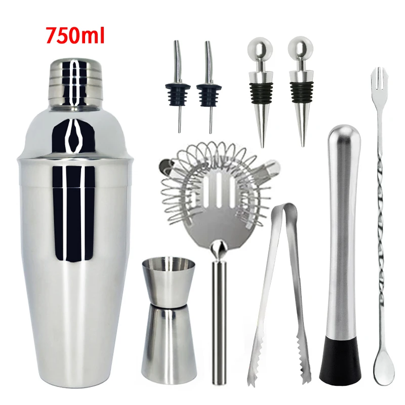 10-11Pcs/set Bar Set with Measuring Jigger Mixing Spoon Stainless Steel Bar Tools Built-in Bartender Strainer Cocktail Shaker