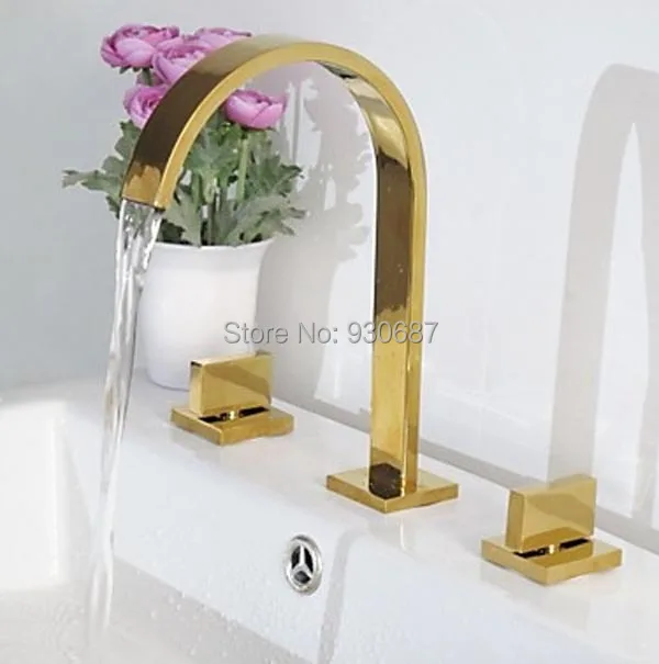 

Gold Plate Bathroom 3pcs Sink Faucet Dual Handles Centerset Mixer Tap