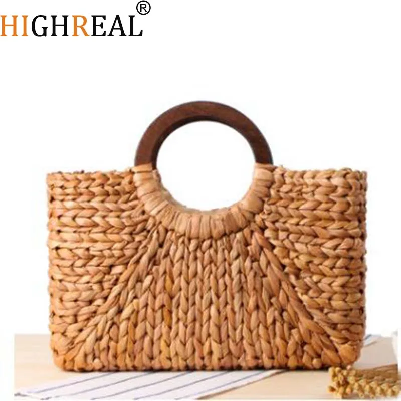 

Wooden ring Portable Women Straw Bag Korean Foreign of Corn Skin Beach Bag Travel Pictures Props Straw Bag Moon Bag