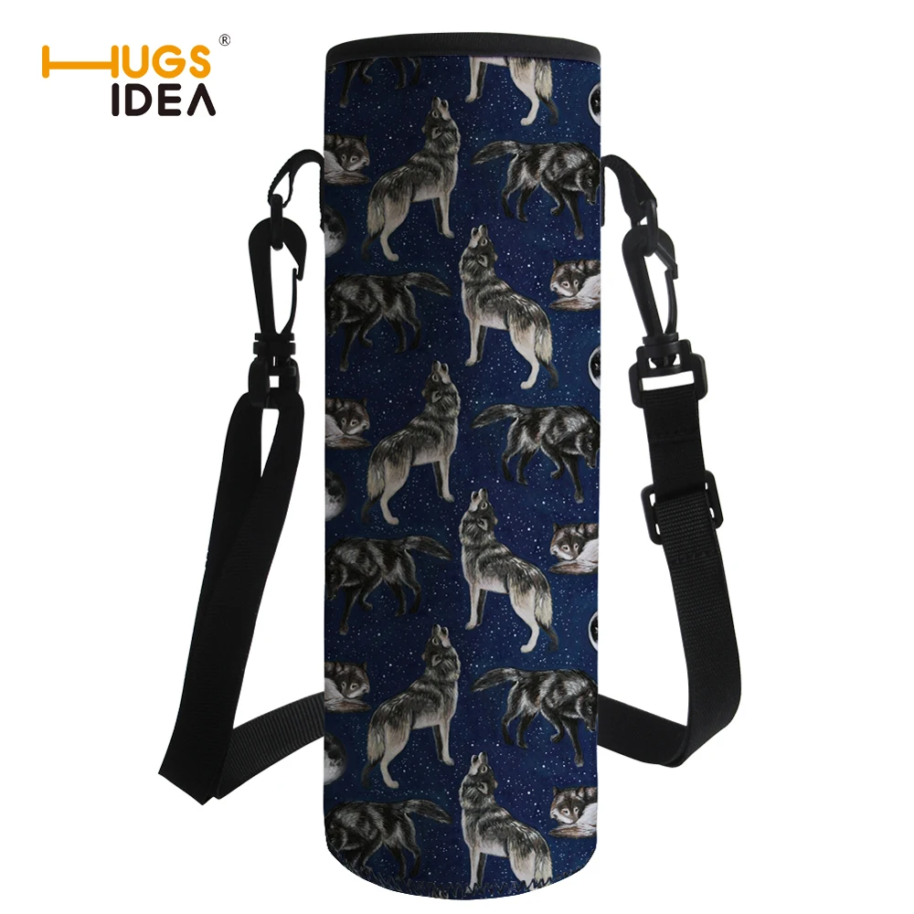 

HUGSIDEA Printing Wolf Water Bottle Cover Bag Insulation Drink Bottle Carrying Pouch Shoulder Sport Water Bottle Sleeve Neoprene