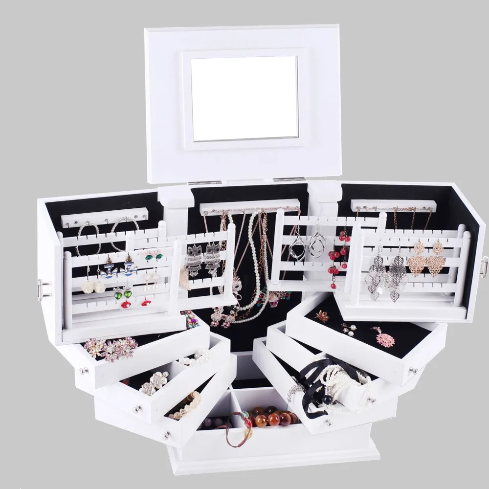 

ROWLING Extra Large Wooden Jewellery Boxes Luxury Wood Cabinet Gift Mirror Organizer Necklaces Earings Makeups Storage Holder
