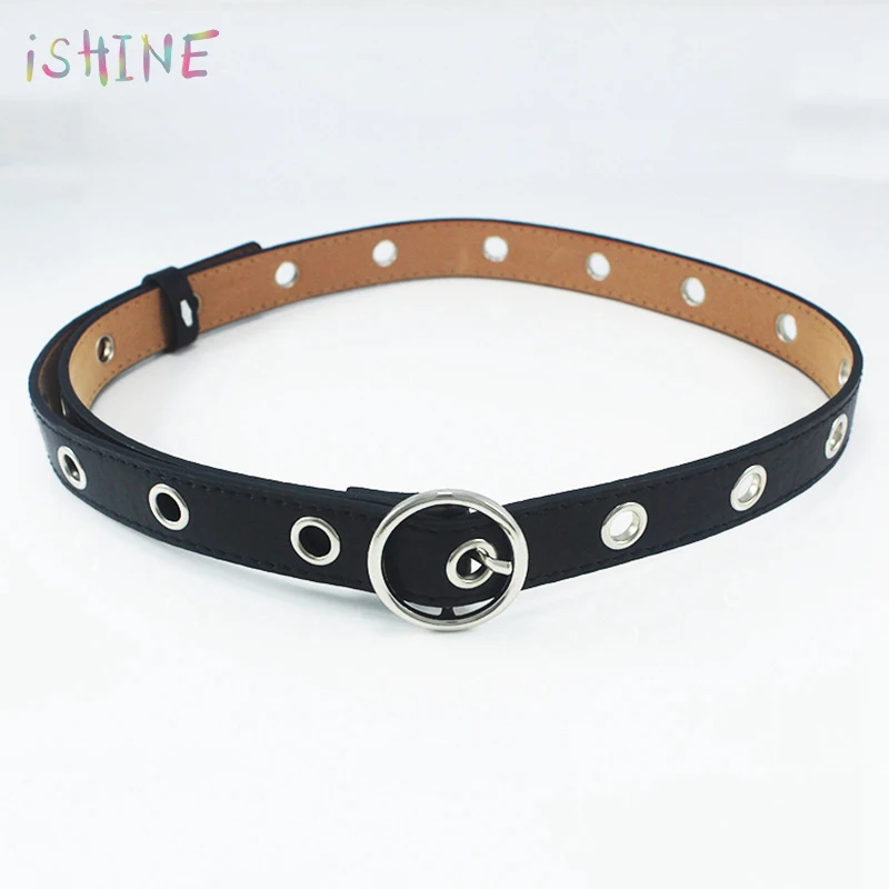

Women Leather Belt Round Metal Pin Buckle Circle Belts Circle Ring Hollow Out Large Small Holes Belt Punk O Ring for Women belt