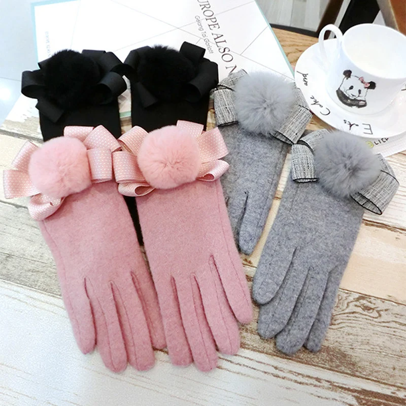 Зимние женские перчатки, милые элегантные шерстяные перчатки с бантиком и кроличьими помпонами, милые толстые теплые перчатки с сенсорным экраном, однотонные, розовые, серые, черные