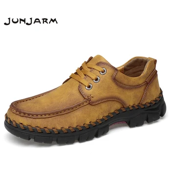 

JUNJARM 2020 Fashion Leather Shoes Men Casual Shoes Moccasins Non-slip Super Hot Flats Breathable Male Footwear Plus Size 46