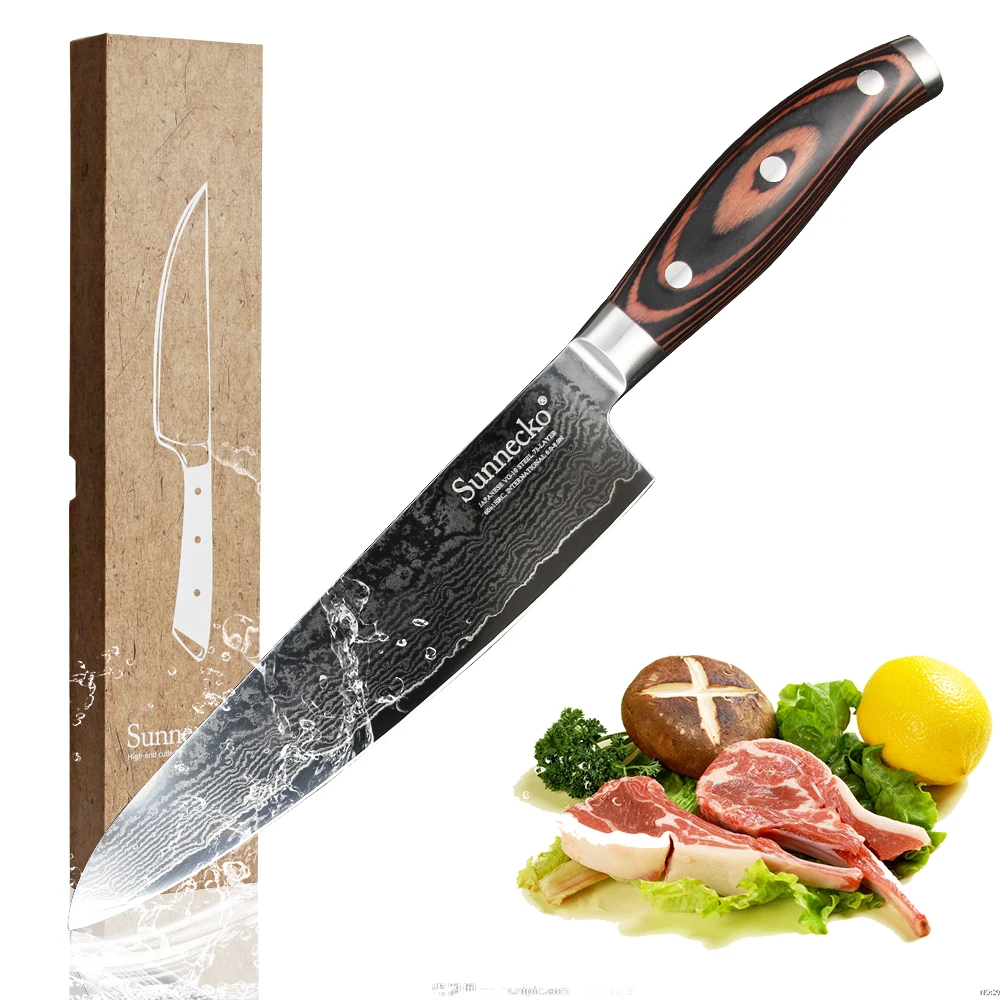 

Sunnecko Damascus Knives 8" Chef Knife Japanese VG10 Steel Core Blade Kitchen Meat Vegetable Cut Pakka Wood Handle Gift Box