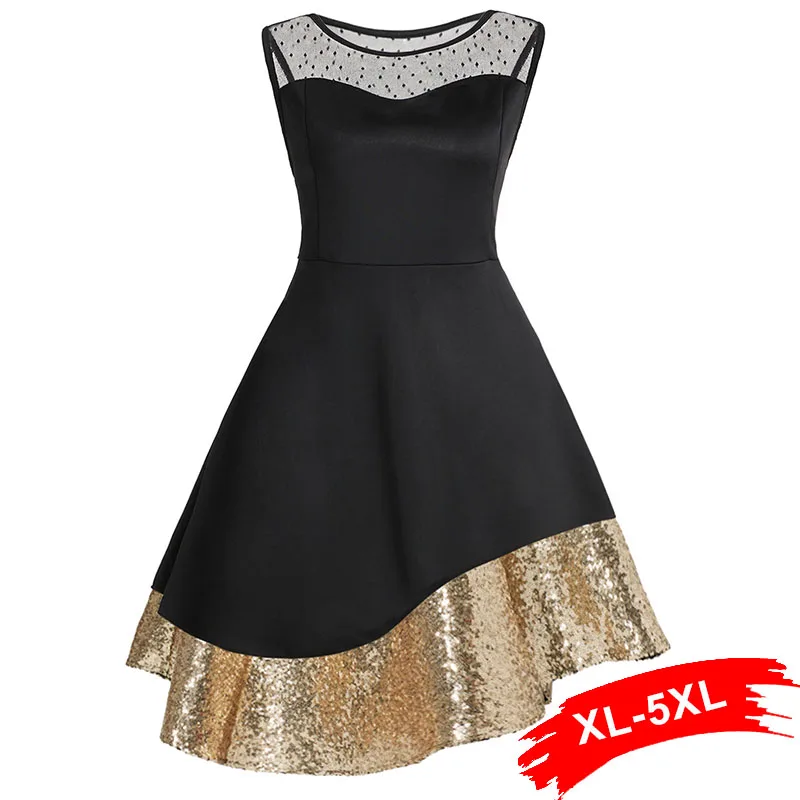 

Plus Size 4Xl Sexy Golden Sequins Transparent Mesh Insert Party Dress Women Sleeveless Sparkly Asymmetric Hem Sexy Midi Dress