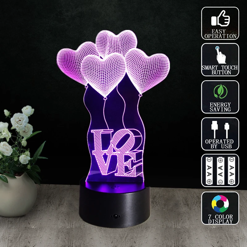 

Heart valentines day Night Light LED 3d Bedside Table Lamp Acrylic Glass Pane Lampara Infantil Lampe Enfant Usb Led Lamp