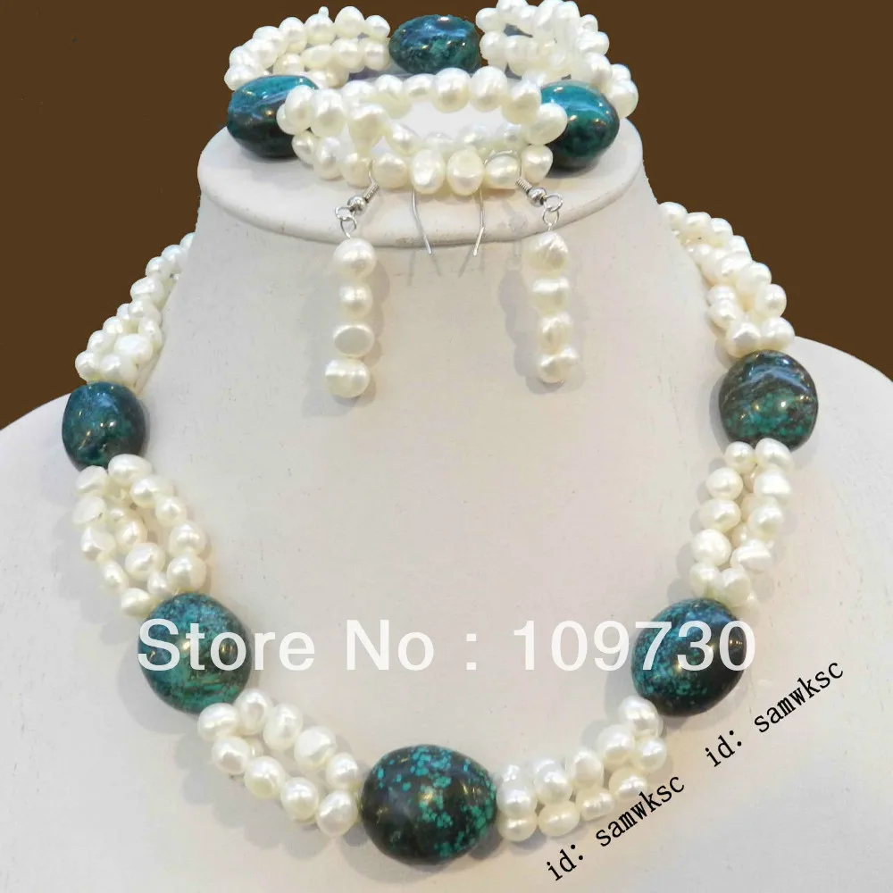 

Hot sell Noble- Jewelry 00519 Lovely Natural Blue Turquoise & Really White Pearl Necklace bracelet earring set (A0423)