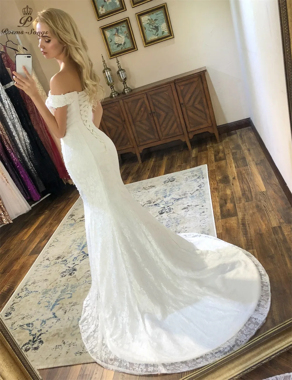 PoemsSongs стиль лодочка шеи красивое кружевное свадебное платье Vestido de noiva свадебные наряды Русалка свадебное платье