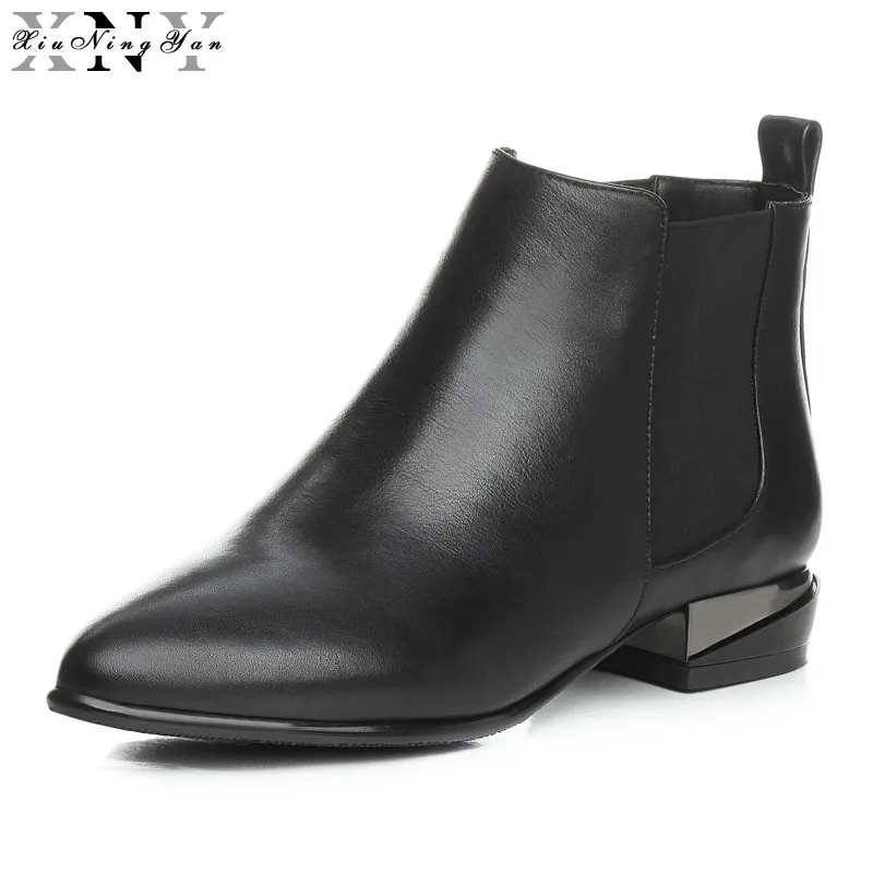 

XiuNingYan Women Ankle Boots Black Genuine Leather Low Heels Handmade High Quality Winter Shoes Woman Ladies Short Boots 2017