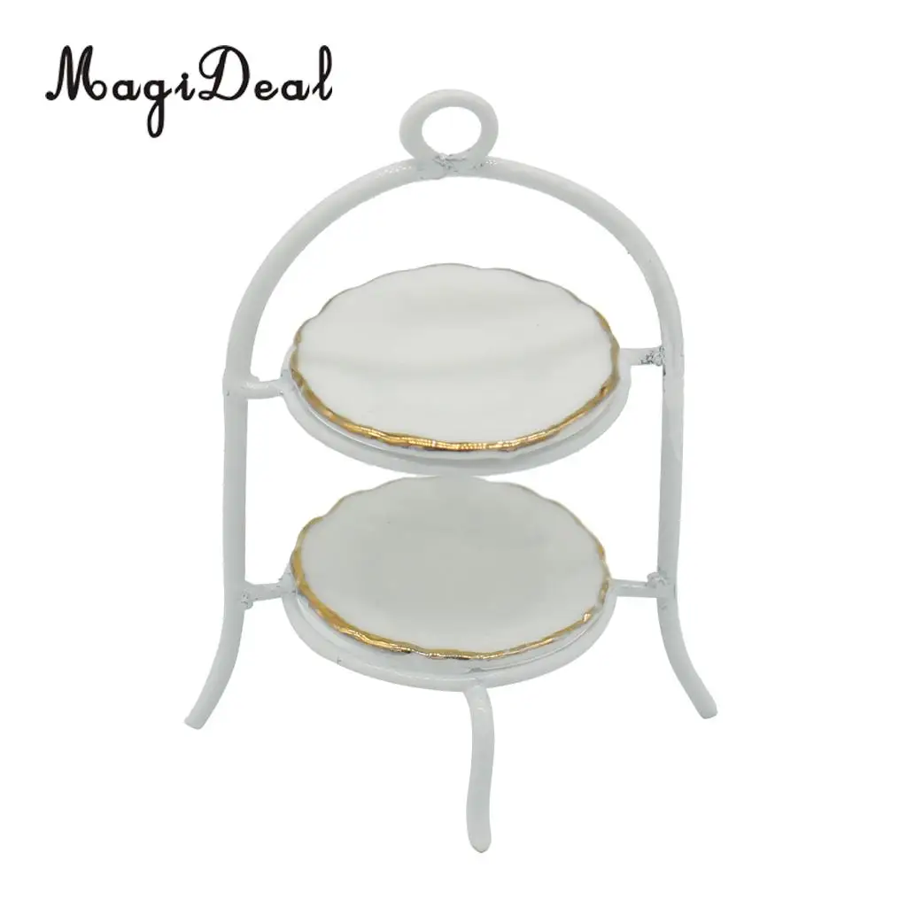 3pcs Miniature Metal Cake Stand Ceramic Dish Set Tableware for 1/12 Dolls House Kitchen Life Scenes Decoration