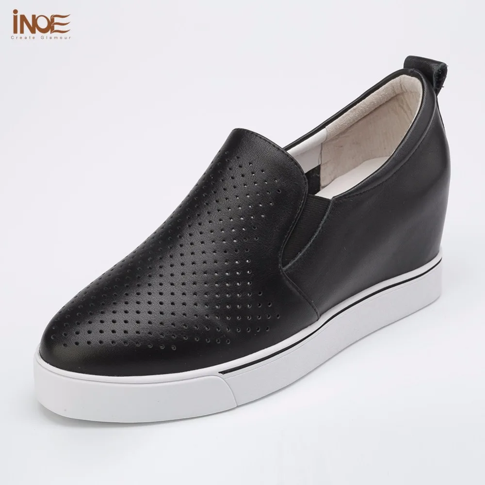 

INOE new fashion style genuine leather women casual summer shoes increased internal ladies spring shoes white black high quality