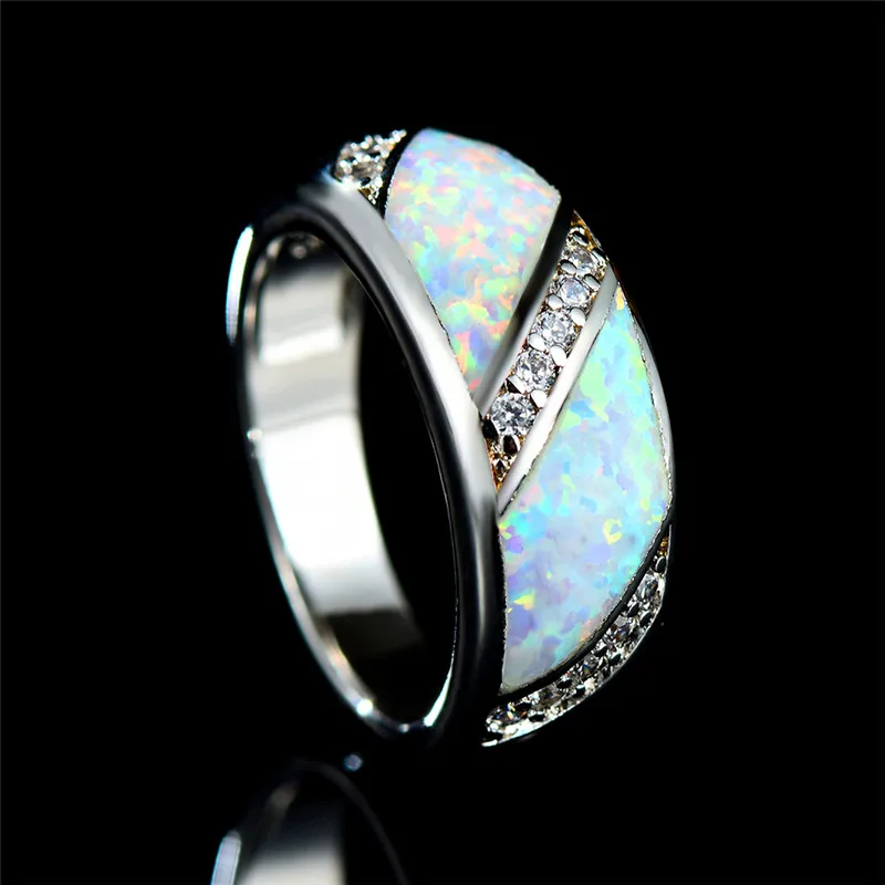 Boho, Круглый, белый, синий, огненный опал, кольца для женщин, 925 пробы, заполненный серебром, циркон, очарование, обручальное кольцо, женское ювелирное изделие