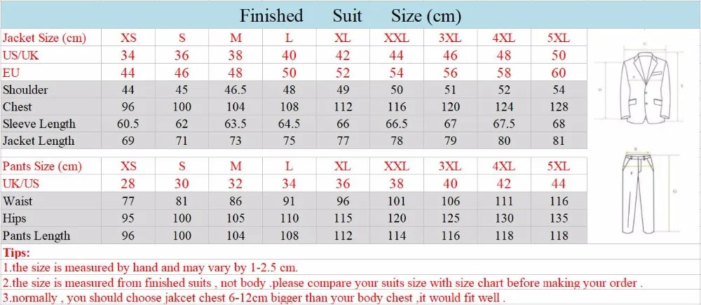 slim fit suit size chart