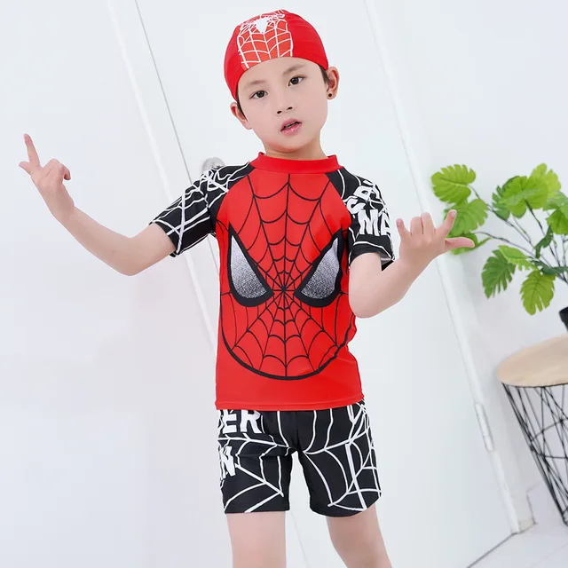 {Excellent|Wonderfull|Very Good|Very Recommended} Boys 2 Pieces Swimsuit + Cap Spiderman Cartoon Children Swimwear Boy Kids Bathing Suits Short Sleeve Clothes For Swimming Best Price