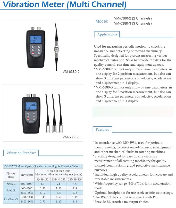 Цифровой измеритель вибраций 2-канальный цифровой тестер Виброметр VM-6380-2 0,01-400 мм/сек. истинных среднеквадратичных ЗНАЧЕНИЙ двойной зонд