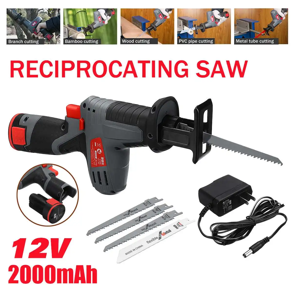 

12V 2000mAh Portable Lithium Reciprocating Saw Powerful Wood Cutting Saws With 4 Sharps blade Powerful Electric Power Tools