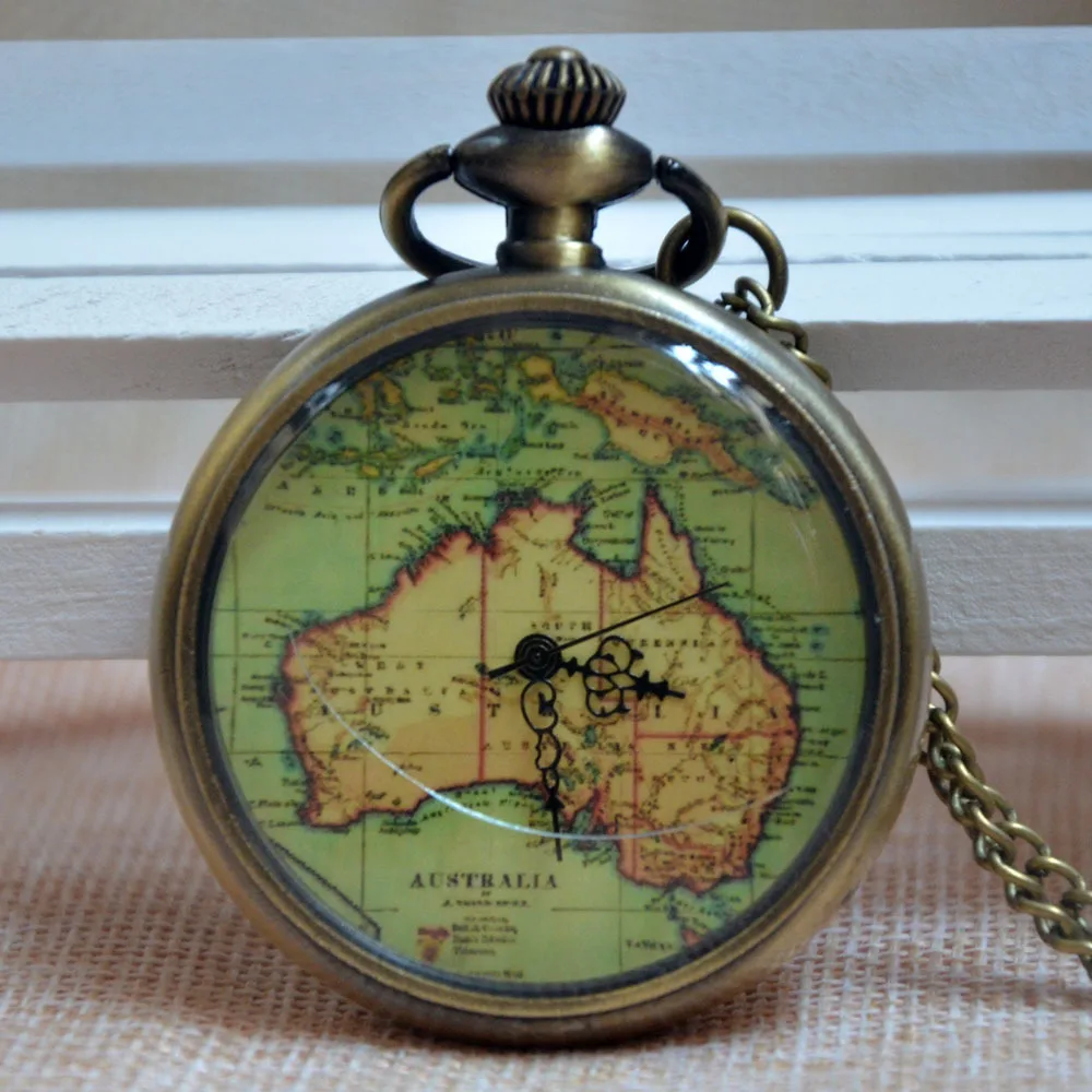 Fashion Bronze Retro Australia Map Pocket Watches Men Women Students
